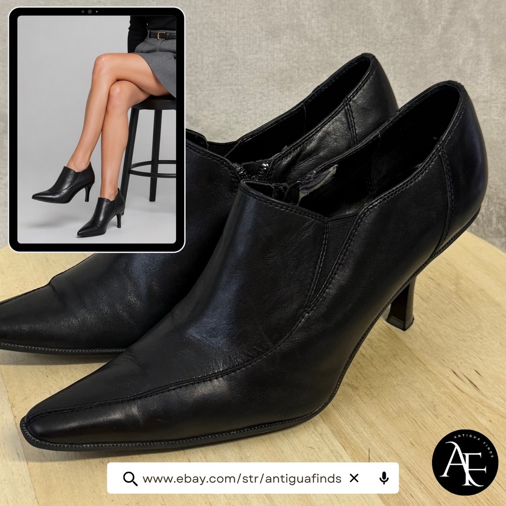 AK Anne Klein iFlex Black Leather Pointed Toe Shooties Ankle Boots Heels 9.5M